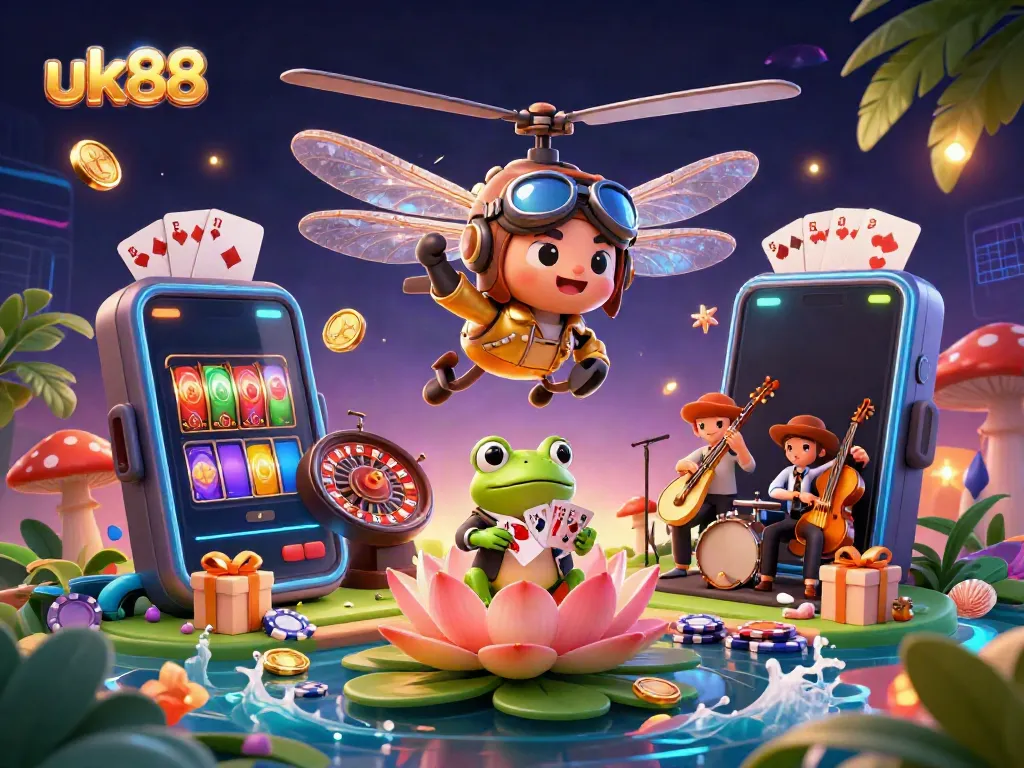 Experience the thrill of uk88 with a dragonfly pilot, frog croupier, and vibrant casino elements.
