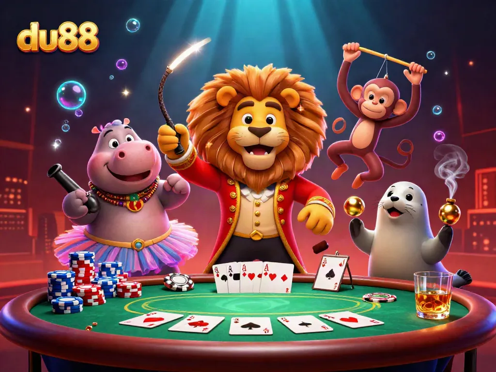 Experience thrilling gaming at du88 with a vibrant circus scene featuring colorful poker elements.