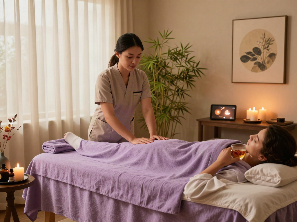 Relaxing 분당출장 massage therapy scene with aromatic oils and soft lighting in a luxurious spa.