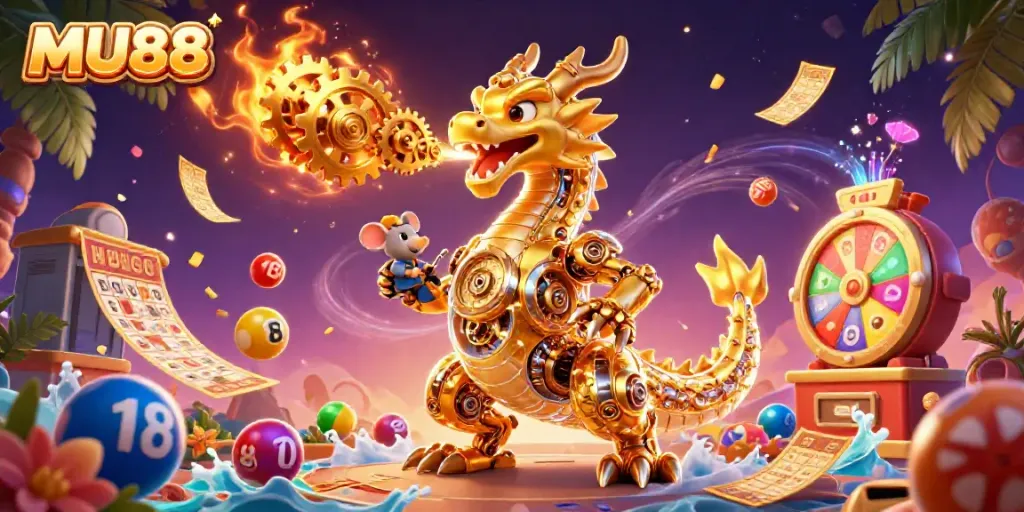 Experience the thrill of MU88 with immersive golden dragon and vibrant gaming elements.