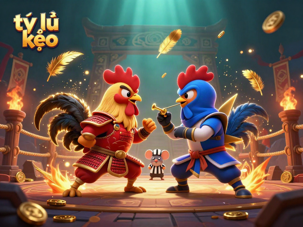 Witness a dramatic standoff between fighting roosters, embodying the essence of tỷ lệ kèo in an engaging casino illustration.
