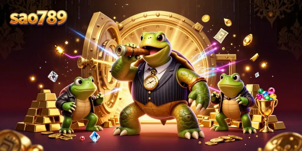 Sao789's dynamic casino scene features a snapping turtle mobster and bullfrog enforcers surrounded by treasures.