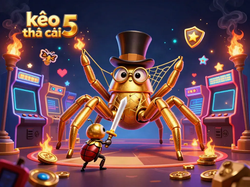 Engage with kèo nhà cái 5 in a dynamic casino world showcasing the golden tarantula and beetle knight.