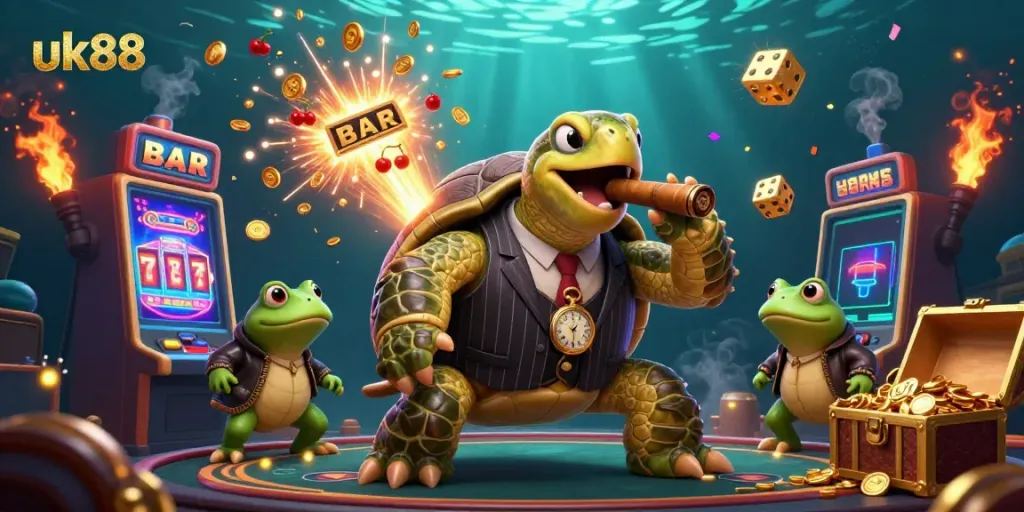 Experience the excitement of uk88 with a whimsical casino scene featuring characters and gambling symbols.