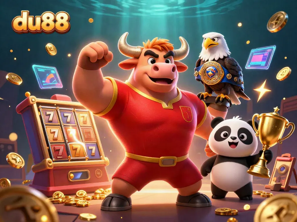 Experience thrilling gaming with du88 featuring vibrant slot elements and cheerful mascots.