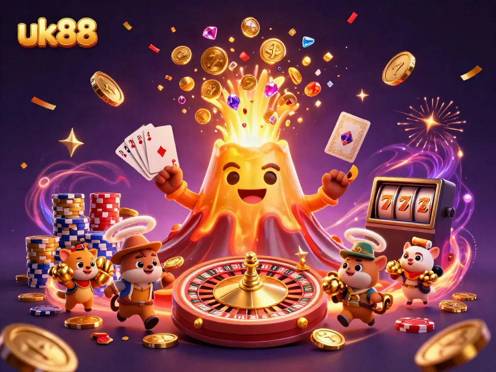 Experience the thrill of winning with uk88, featuring a golden volcano erupting treasure amidst dynamic casino elements.