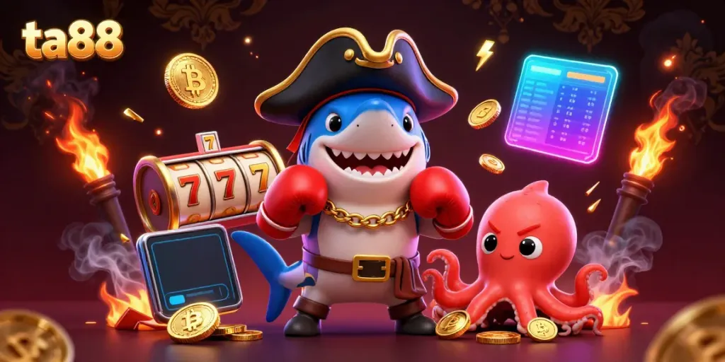 Engage with the thrilling world of ta88, featuring a pirate shark and colorful sea creatures amidst dynamic slot machine visuals.