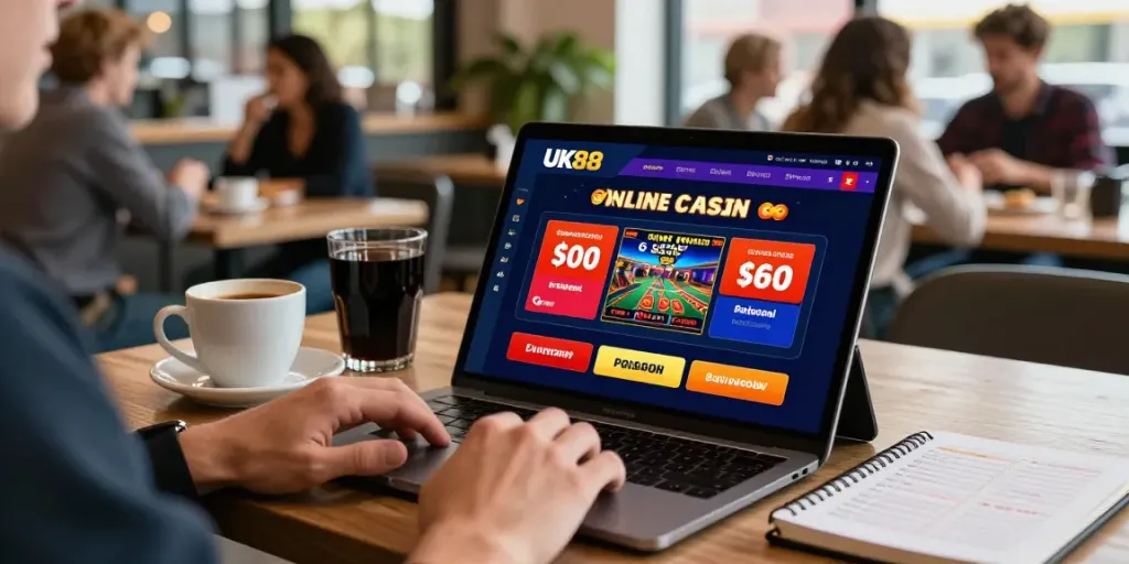 Engaging user experience on UK88 online casino platform with vibrant graphics and café backdrop.