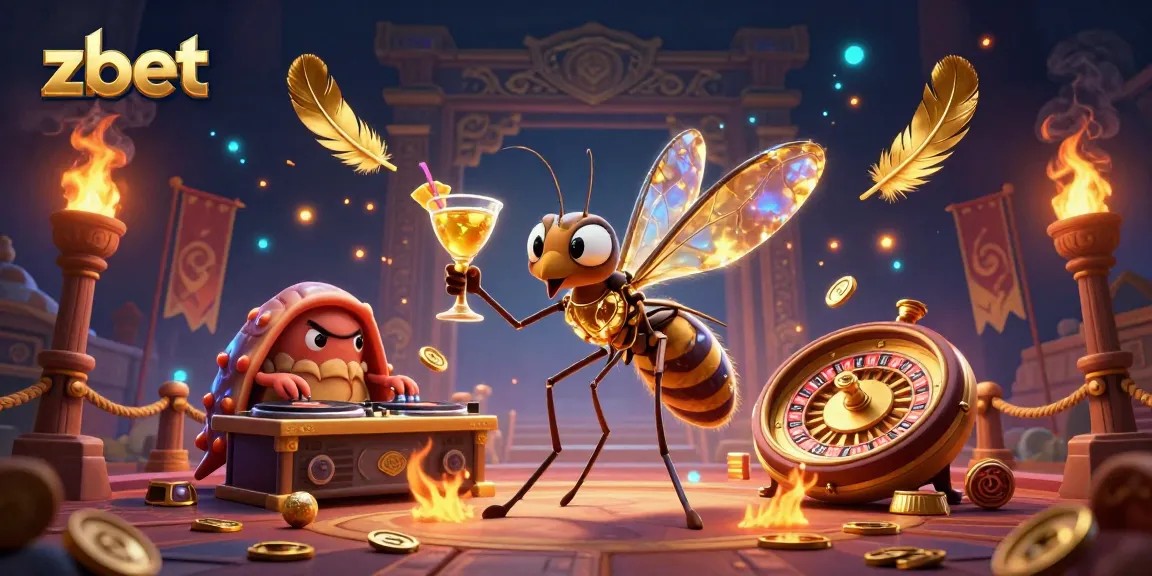Join the fun at zbet with a vibrant casino scene featuring a mascot, DJ, and roulette wheel!