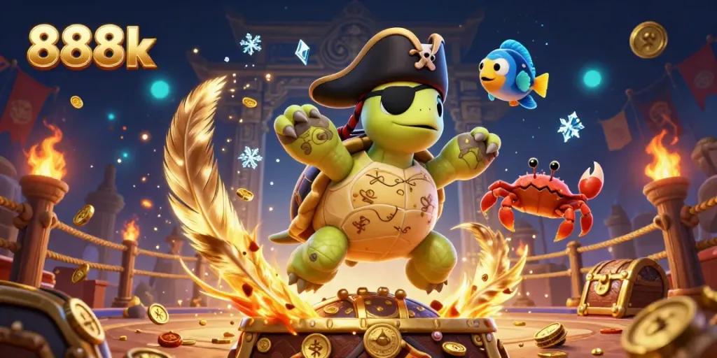 Engage with the thrilling underwater world of 888k, featuring a pirate turtle and gaming treasures.