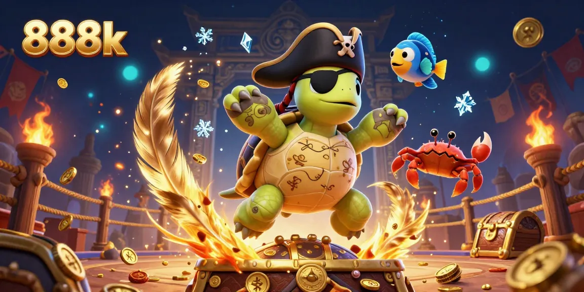 Engage with the thrilling underwater world of 888k, featuring a pirate turtle and gaming treasures.