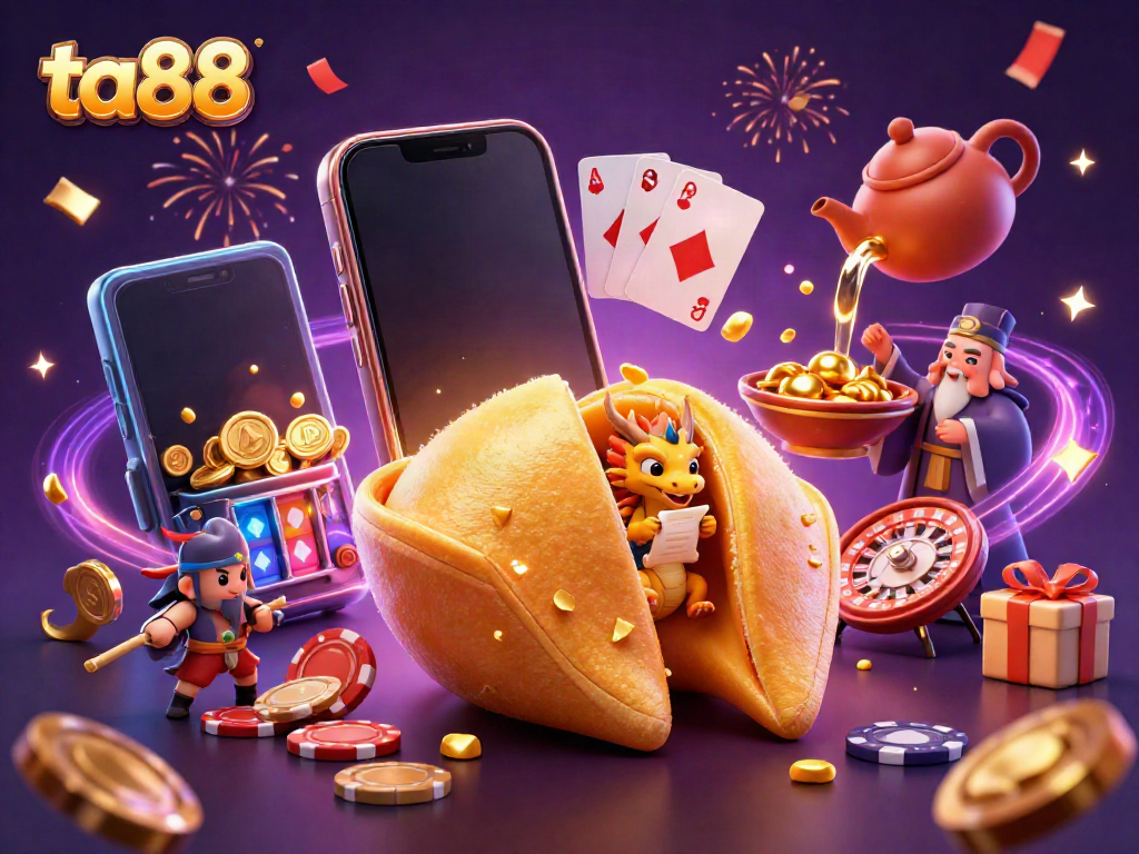 Celebrate winnings with ta88 in this vibrant 3D illustration showcasing unique casino elements and characters.