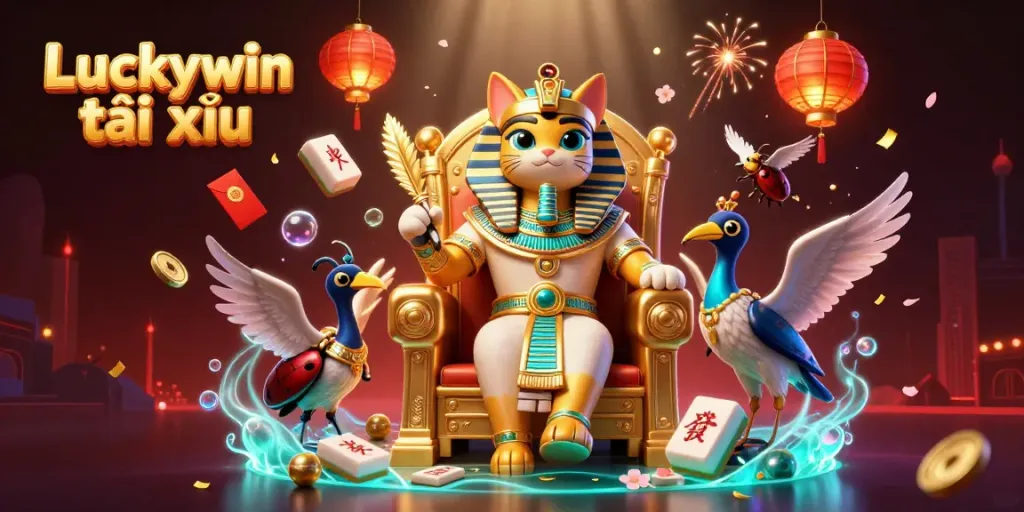 Engage in the luck of Luckywin tài xỉu with this vibrant, artful casino scene showcasing energetic characters and dynamic gaming elements.