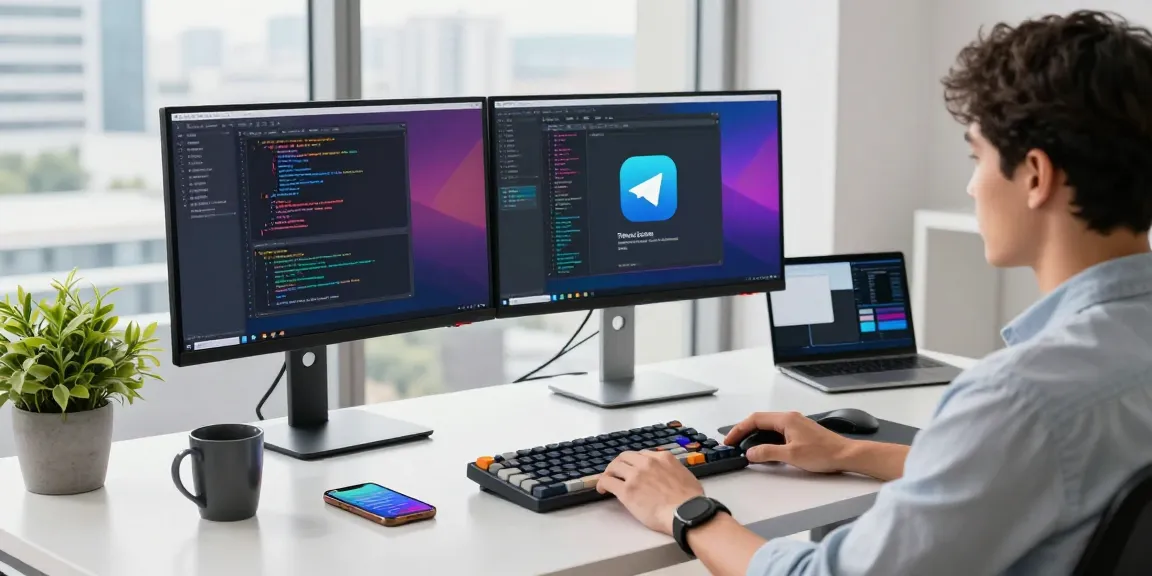 Download Telegram on modern workspace with coding screens and trendy tech accessories
