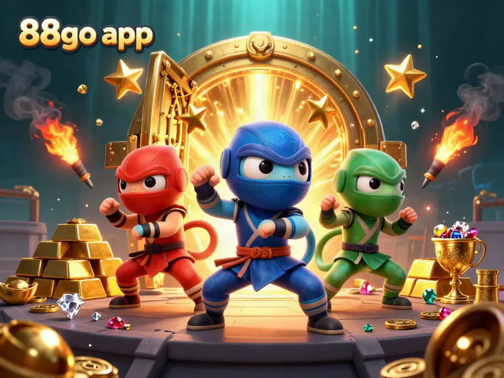 Master the 88go app with an exciting scene of chameleon ninjas surrounded by treasures and gold.
