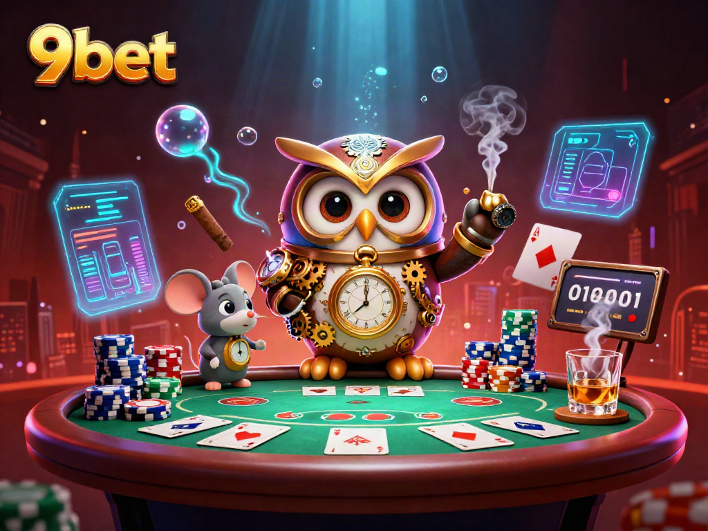 Engage in the captivating world of 9bet's online casino, featuring steampunk elements and poker action.