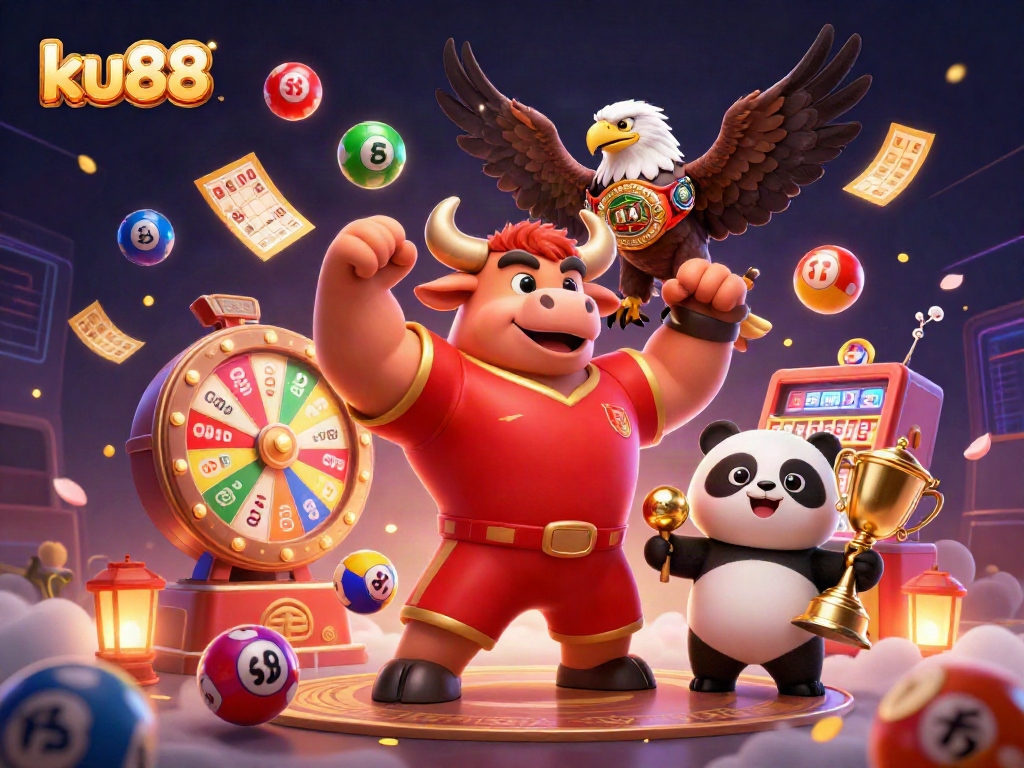 ku88 mascot trio celebrating wins with colorful lottery elements and vibrant casino energy