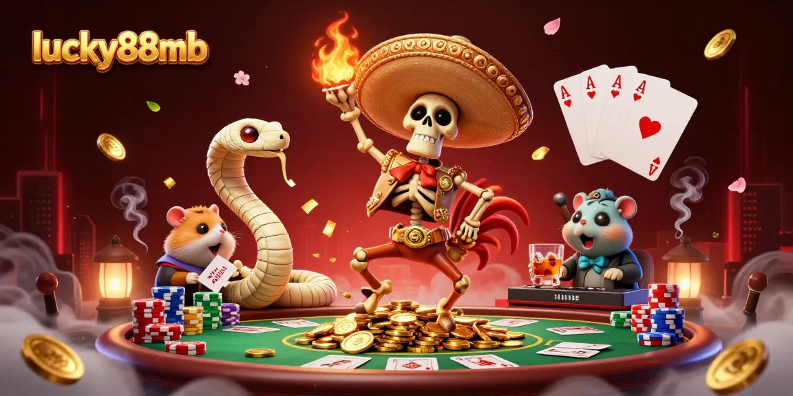 Experience the excitement at lucky88mb with a vibrant scene of a playful mariachi rooster celebrating amidst poker elements and gold coins.
