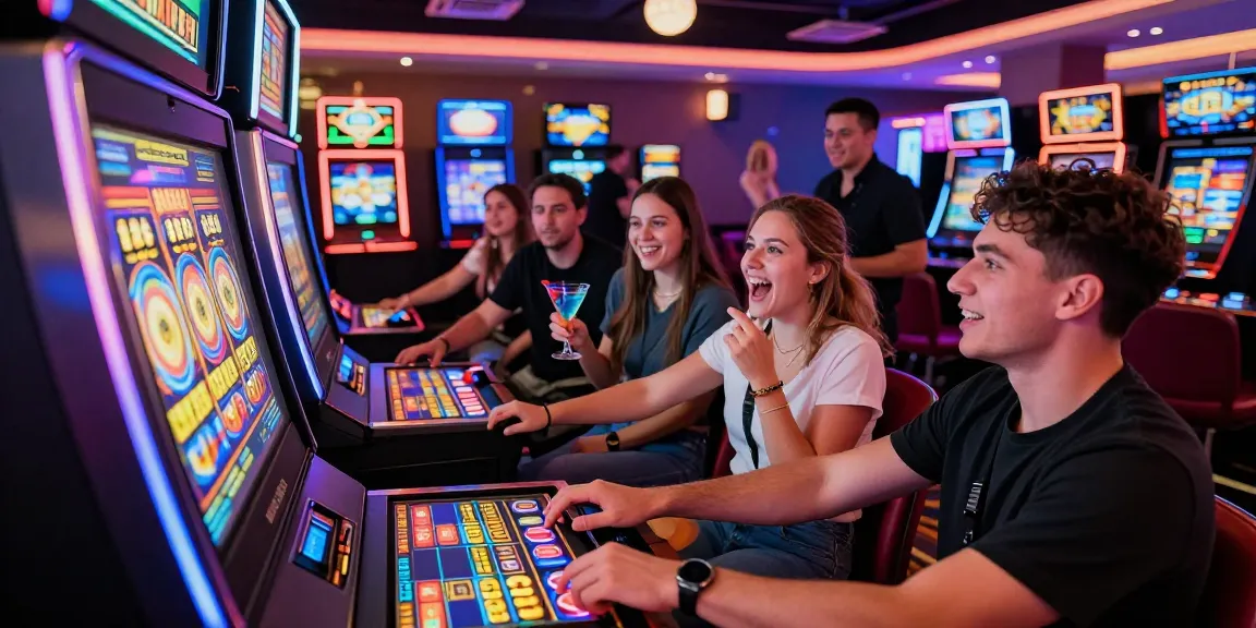 Friends enjoying the exciting rokok88 slot machine experience in a vibrant casino setting.