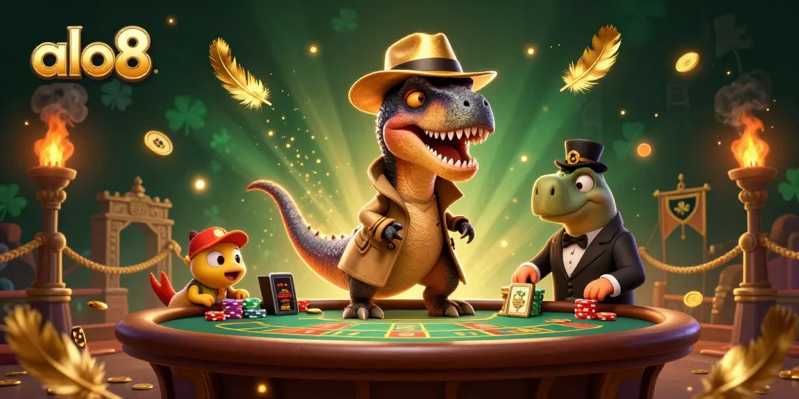 Bet and win with alo8 at a blackjack table featuring a clever velociraptor and a vigilant pit boss.