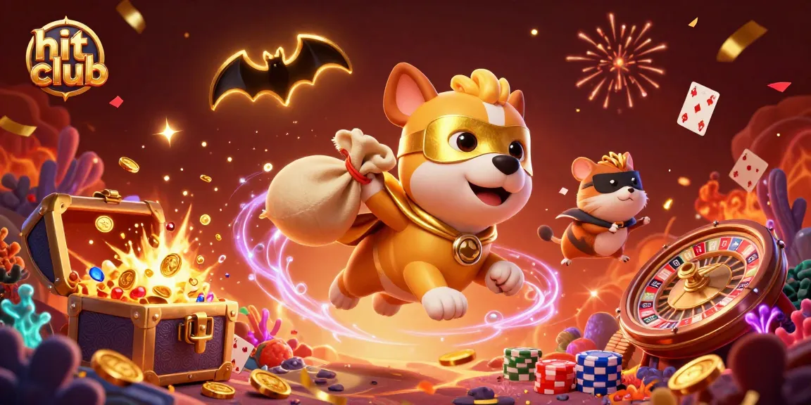 Win big at hit club with a thrilling 3D casino experience featuring a flying superhero dog and dynamic game elements.