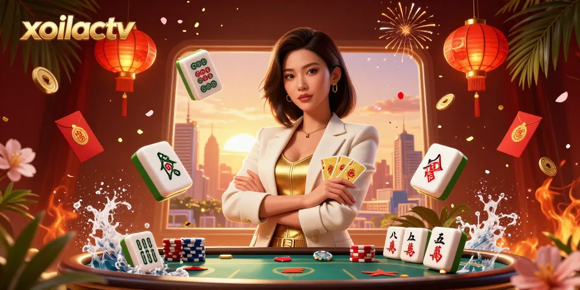 Engage with xoilactv's immersive gambling experience featuring a powerful businesswoman and vibrant game elements.