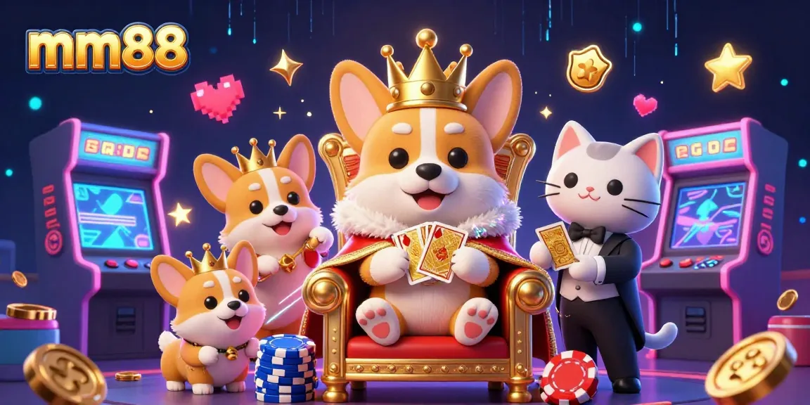 Play and win at mm88 with a royal corgi king on a throne amidst vibrant gaming excitement.