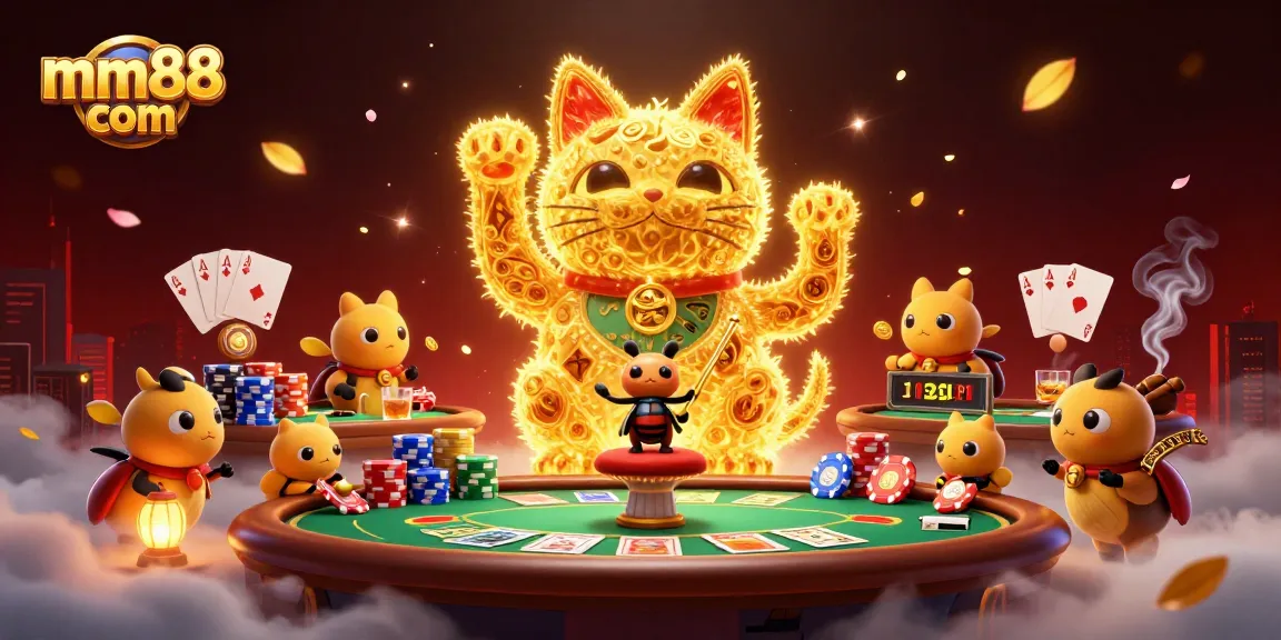 Play to win at mm88 com with vibrant casino scenes featuring the lucky cat and poker elements.
