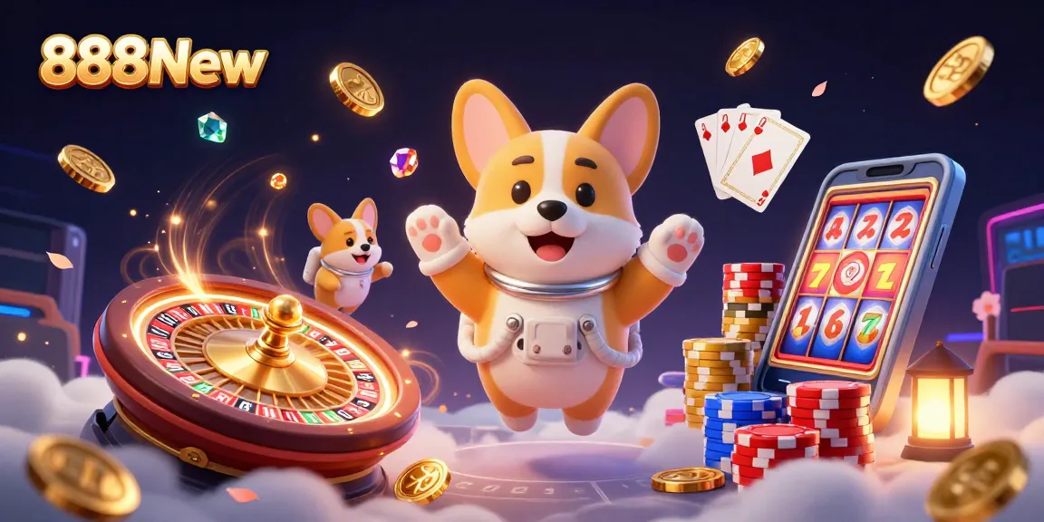 Experience winning moments with 888New, featuring a vibrant 3D space casino scene filled with coins and games.