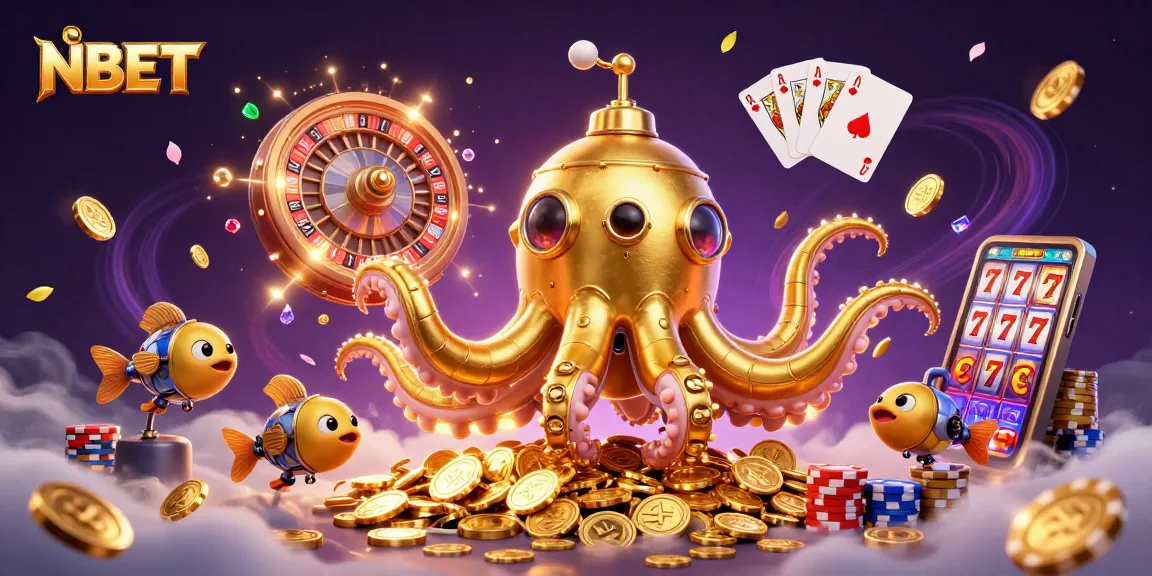 Experience NBET's immersive gaming adventure with a vibrant 3D illustration featuring a kraken submarine.