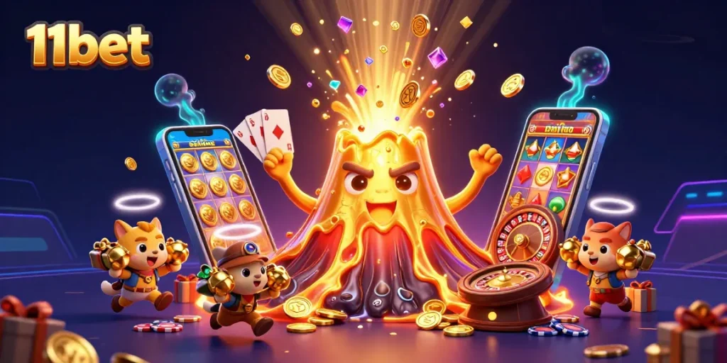 Engaging 3D scene representing 11bet featuring a golden volcano, treasure, and vibrant slot game action.