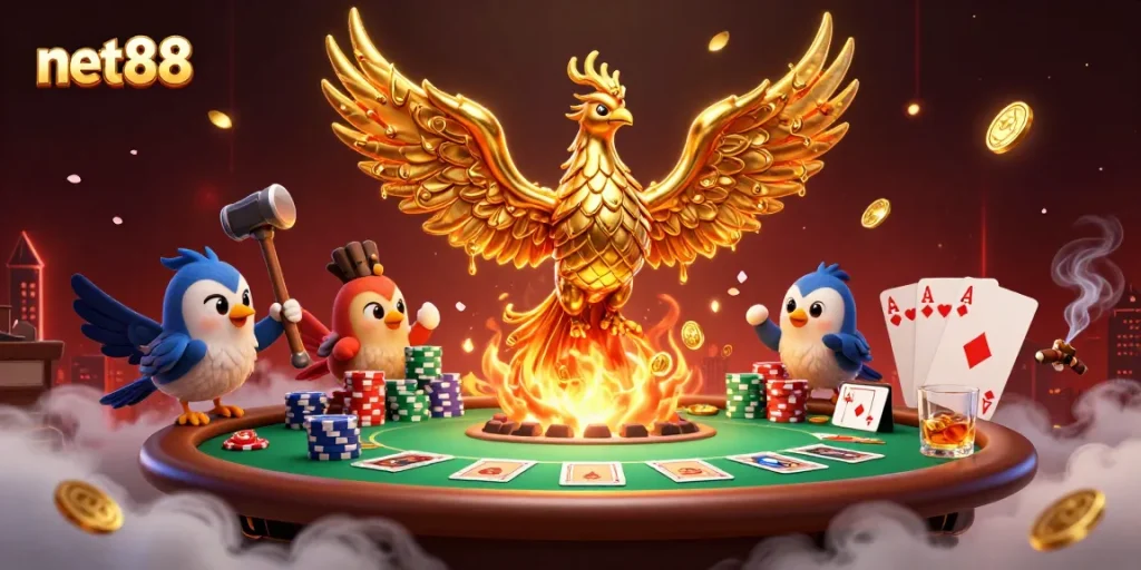 Explore winning plays at net88 with phoenix-inspired casino elements and vibrant poker action.