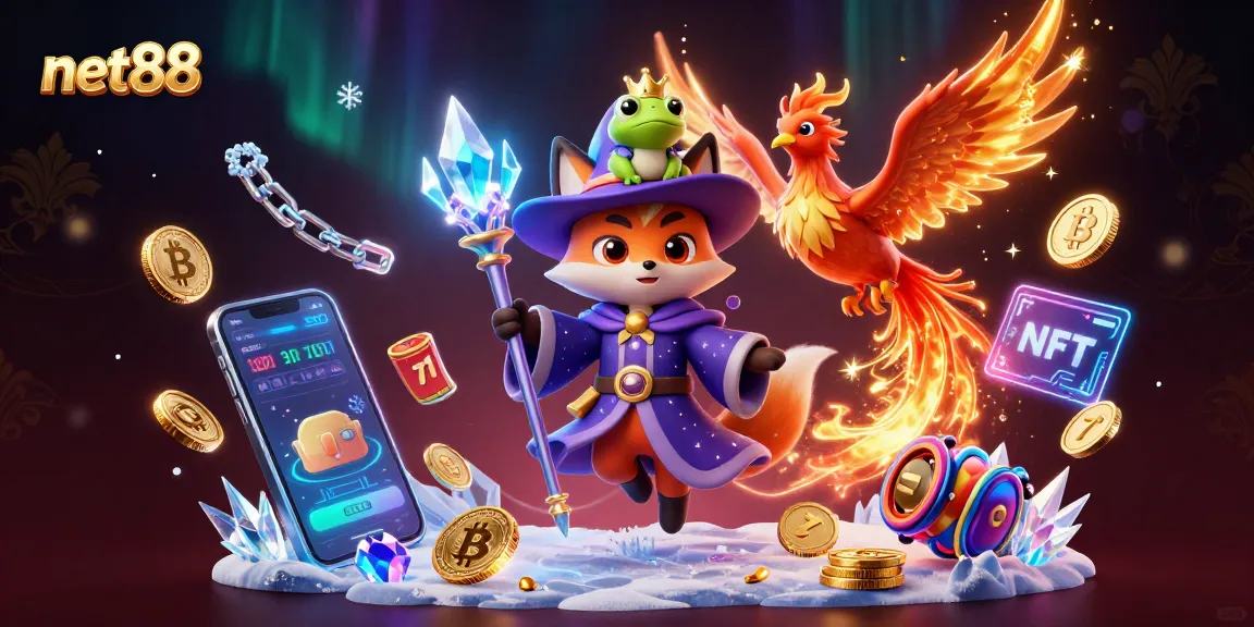 Experience thrilling crypto casino gameplay at net88 with a wizard fox and glowing coins.