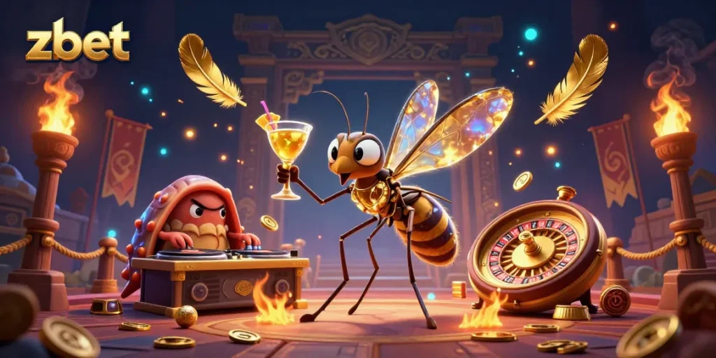 Join the fun at zbet with a vibrant casino scene featuring a mascot, DJ, and roulette wheel!