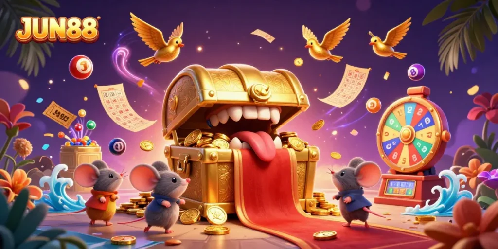 Engage with winning strategies at JUN88 as adventurer mice discover treasures amid colorful lottery elements.