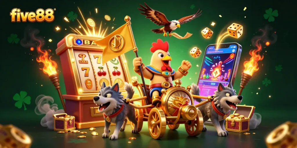 Engage with five88's thrilling casino experience featuring a cartoon rooster warlord and vibrant slot symbols.