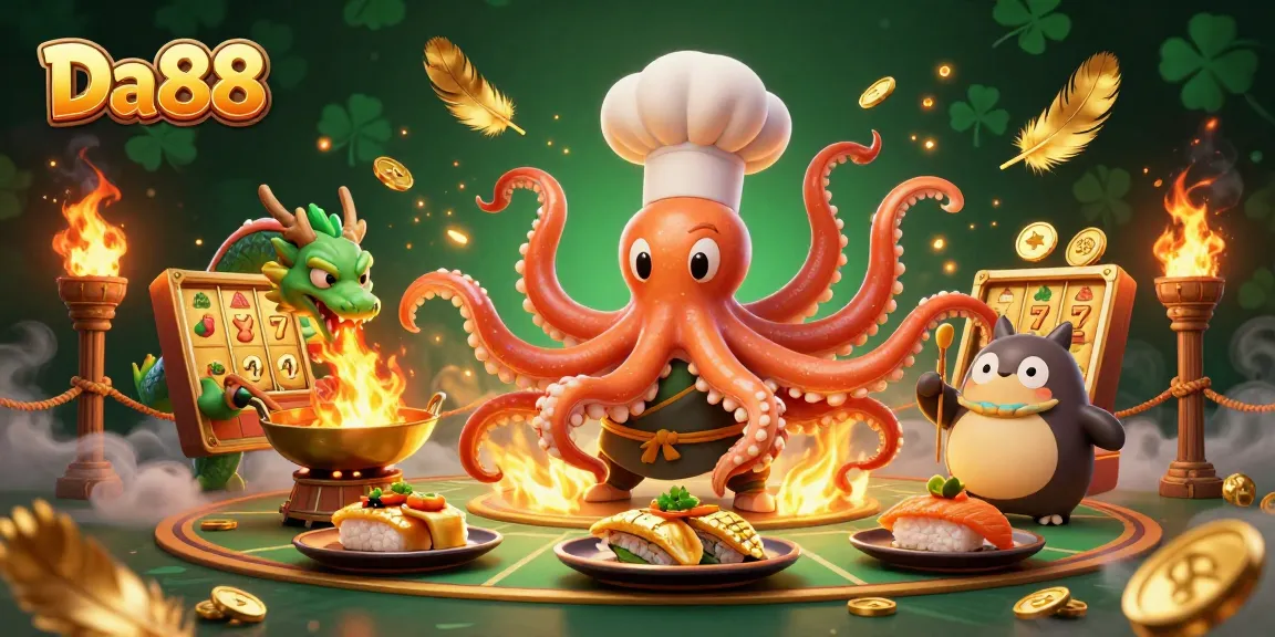 Experience Da88's thrilling slots with a sushi chef, dragon, and tanuki in a vibrant illustration.