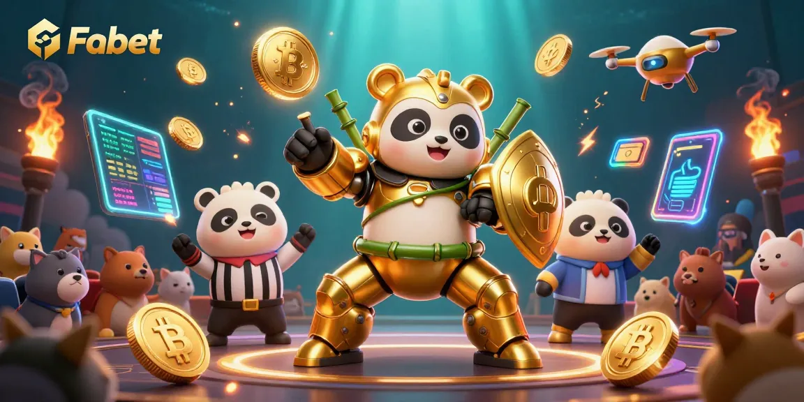 Experience thrilling gameplay with Fabet's mech-suit panda battle in a vivid casino arena.