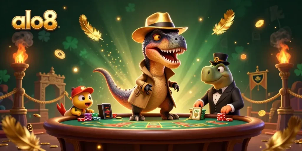 Bet and win with alo8 at a blackjack table featuring a clever velociraptor and a vigilant pit boss.