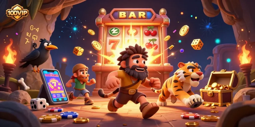 Experience excitement at 100VIP's casino with a vibrant scene of cartoon characters and slot machines.
