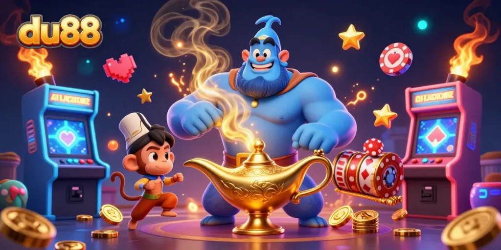 Spin the reels at du88 with a magical genie and vibrant slot symbols in an exciting casino scene.