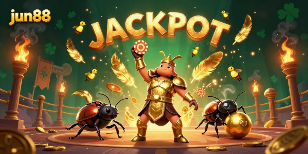 Experience the thrilling jun88 action as a gladiator beetle triumphantly lifts a poker chip amidst a vibrant casino scene.