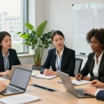My company, a law firm collaboration scene with lawyers discussing cases and strategies.