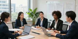 My company, a law firm collaboration scene with lawyers discussing cases and strategies.