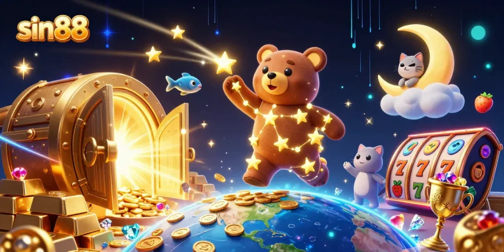 Engage with sin88 while enjoying the enchanting treasure hunt in this vibrant casino-themed scene.