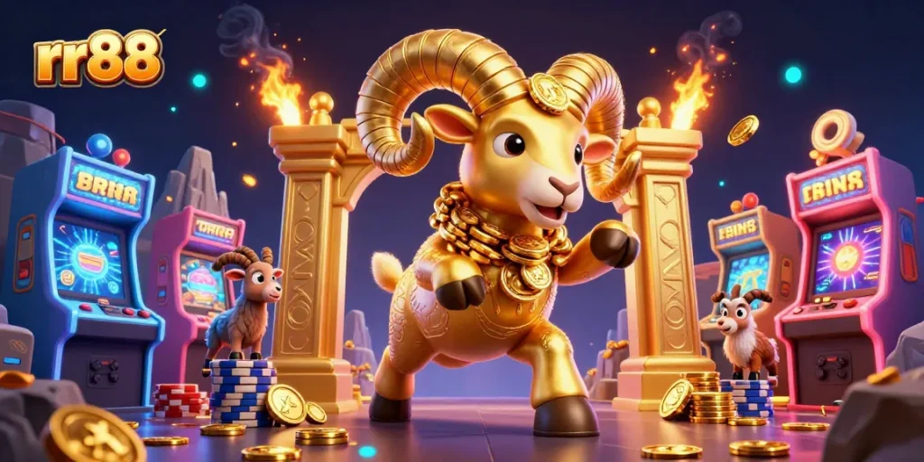 Experience rr88 with a massive golden ram charging through a vibrant casino scene filled with arcade machines and glowing elements.