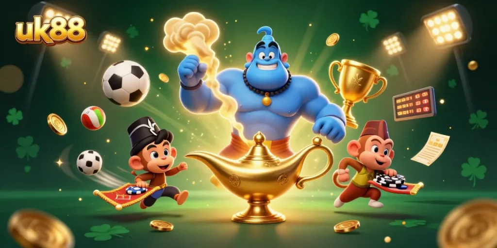 uk88 sports betting excitement captured with a blue genie, monkey, and flying chips