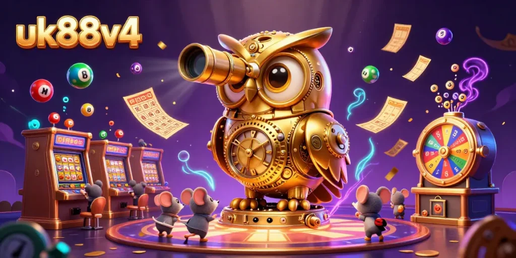 uk88v4 showcases a vibrant casino scene with a golden owl and dynamic lottery elements.