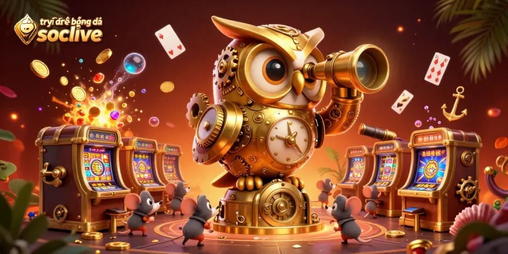 Engage in trực tiếp bóng đá socolive for premium live soccer streaming with a captivating owl mascot in a vibrant casino.