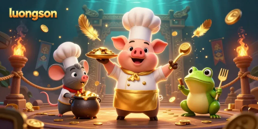 Experience gaming excitement with luongson showcasing a vibrant scene of a pig chef, gold coins, and dynamic gaming elements.